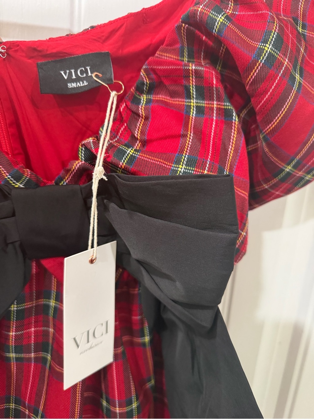 NWT Vici Red Plaid Mini BabyDoll Dress with Black Bow-Small - Picture 5 of 9